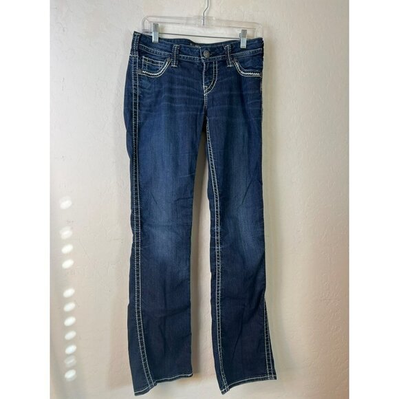 Women Silver Frances Jean Y2K 90s Dark Wash White Stitching Sz W28/L33 - Picture 1 of 8